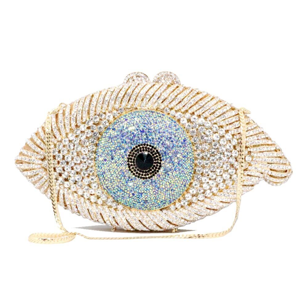 9446 White Evning Bag Evil Eye Designer Bridal Clutch Purses Rhinestone